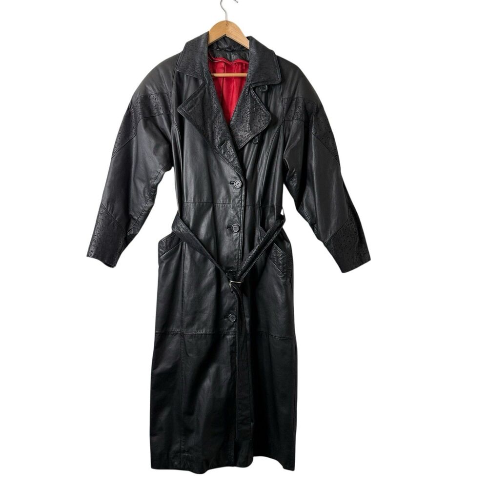 VTG 80s Embossed Leather Trench Coat Double Breasted Oversized Belted Grunge M